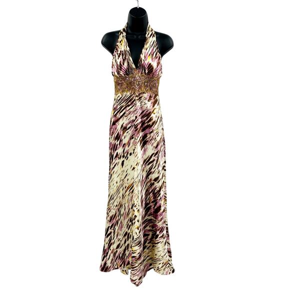 Y2K Satin Beaded Halter Gown Dress - Picture 1 of 6
